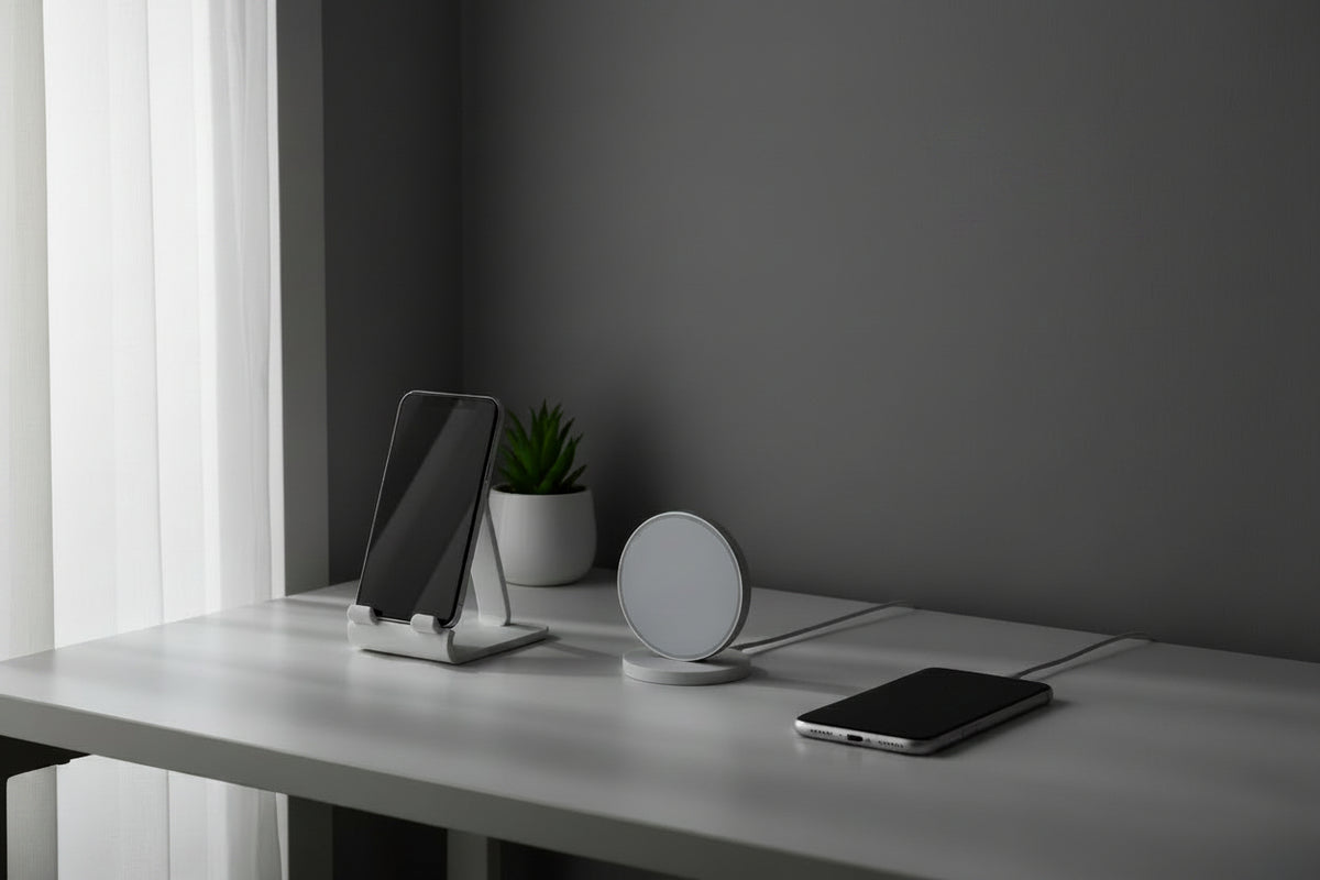 Wireless charger on a desk with a minimal background