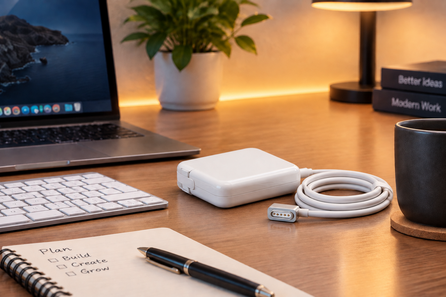 MagSafe charger on a clean desk