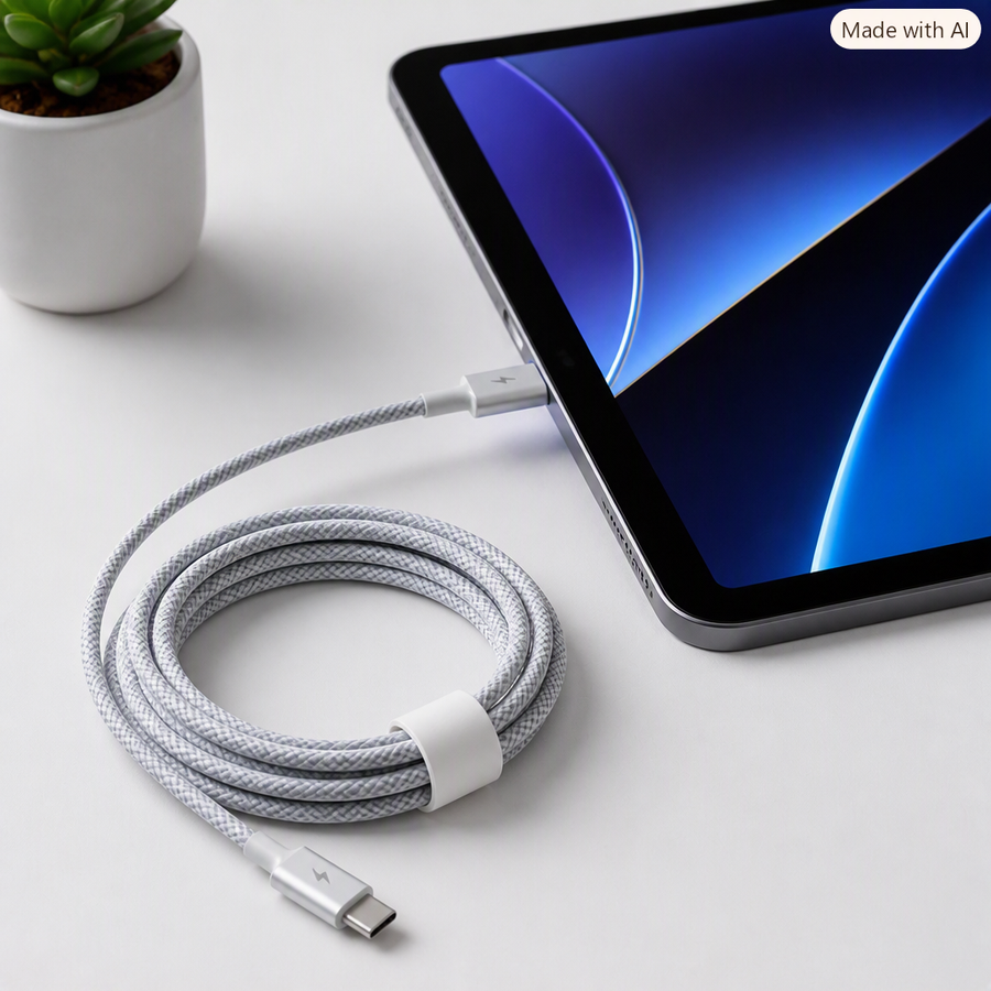 Coiled cable beside an iPad