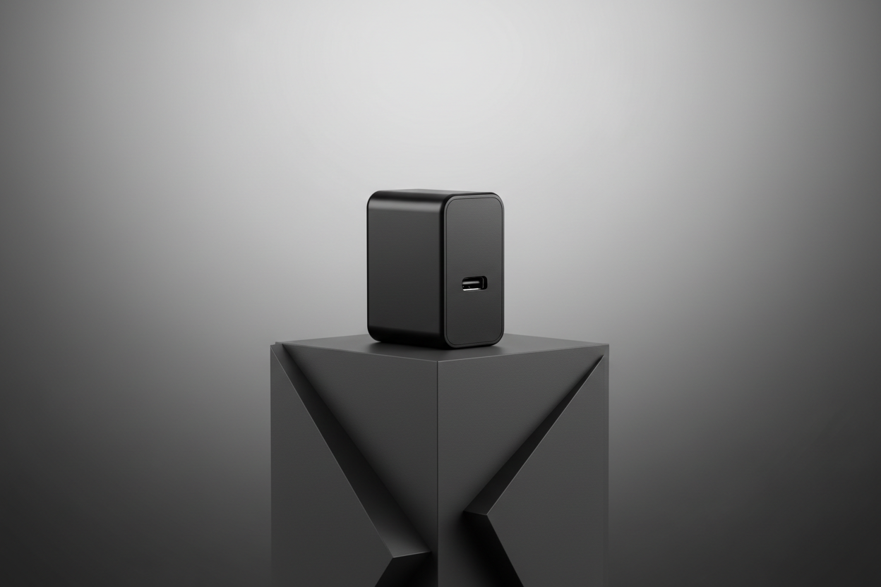 A black rectangular USB-C power adapter standing upright on a dark geometric pedestal against a smooth gray gradient background.